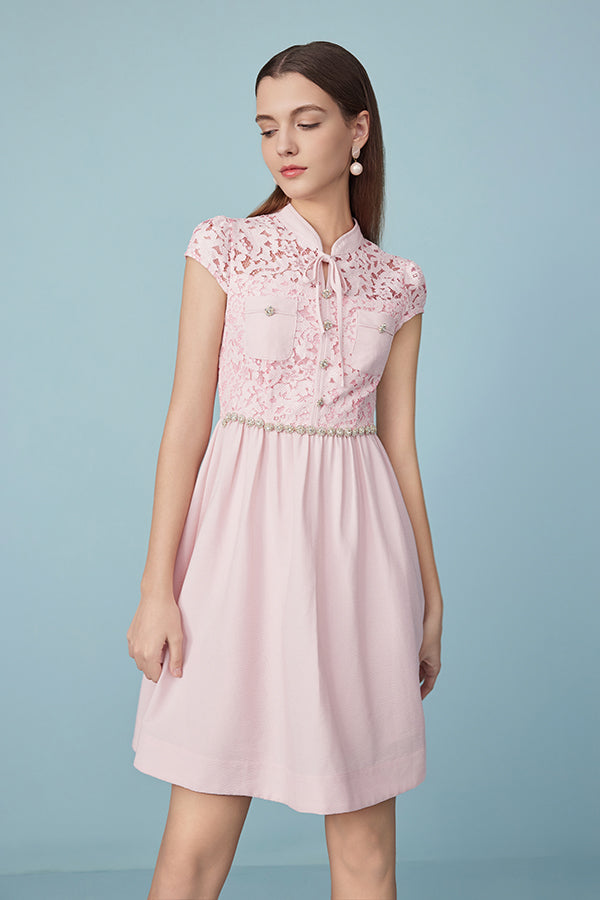 27Dress Pink Cap Sleeves Lace Short Dresses with Sash