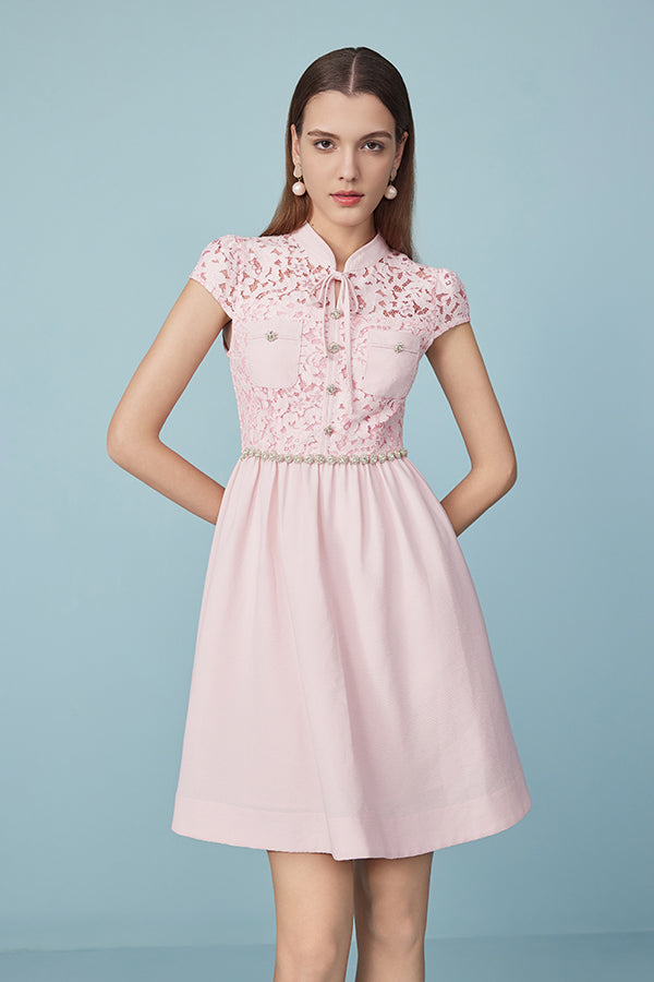 27Dress Pink Cap Sleeves Lace Short Dresses with Sash