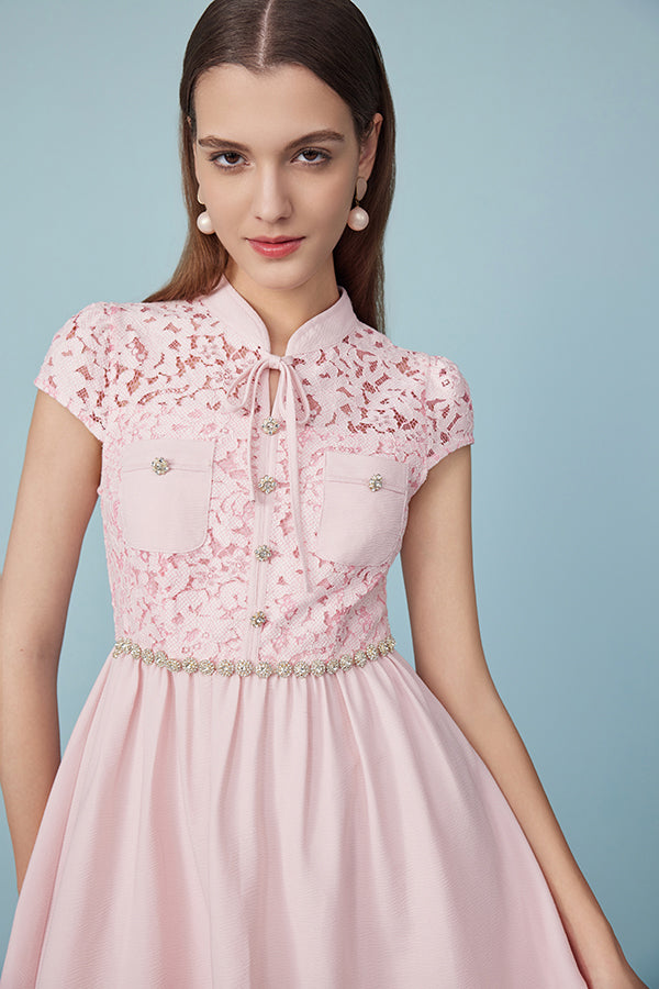 27Dress Pink Cap Sleeves Lace Short Dresses with Sash
