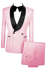Double Breasted Lapel Jacquard Bespoke Pink Wedding Suits With Velvet Lapel