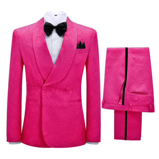 Floral Jacquard Two Pieces Tuxedos Shawl Lapel Double Breasted Slim Fit Pink Wedding Suits