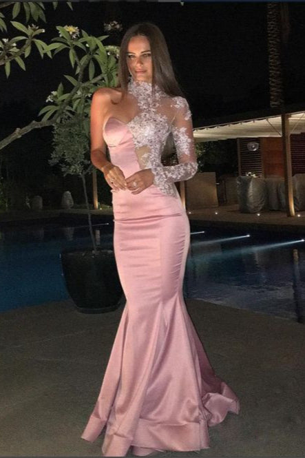 Pink Glamorous High Neck One Shoulder Mermaid Long Prom Dress Long Sleeve