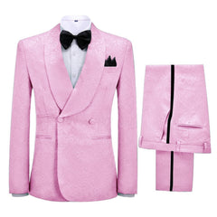 Jacquard Shawl Lapel Double Breasted Pink Prom Suits