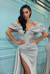Pink Mermaid Off the Shoulder Sweetheart High Split Prom Dress With Pleated