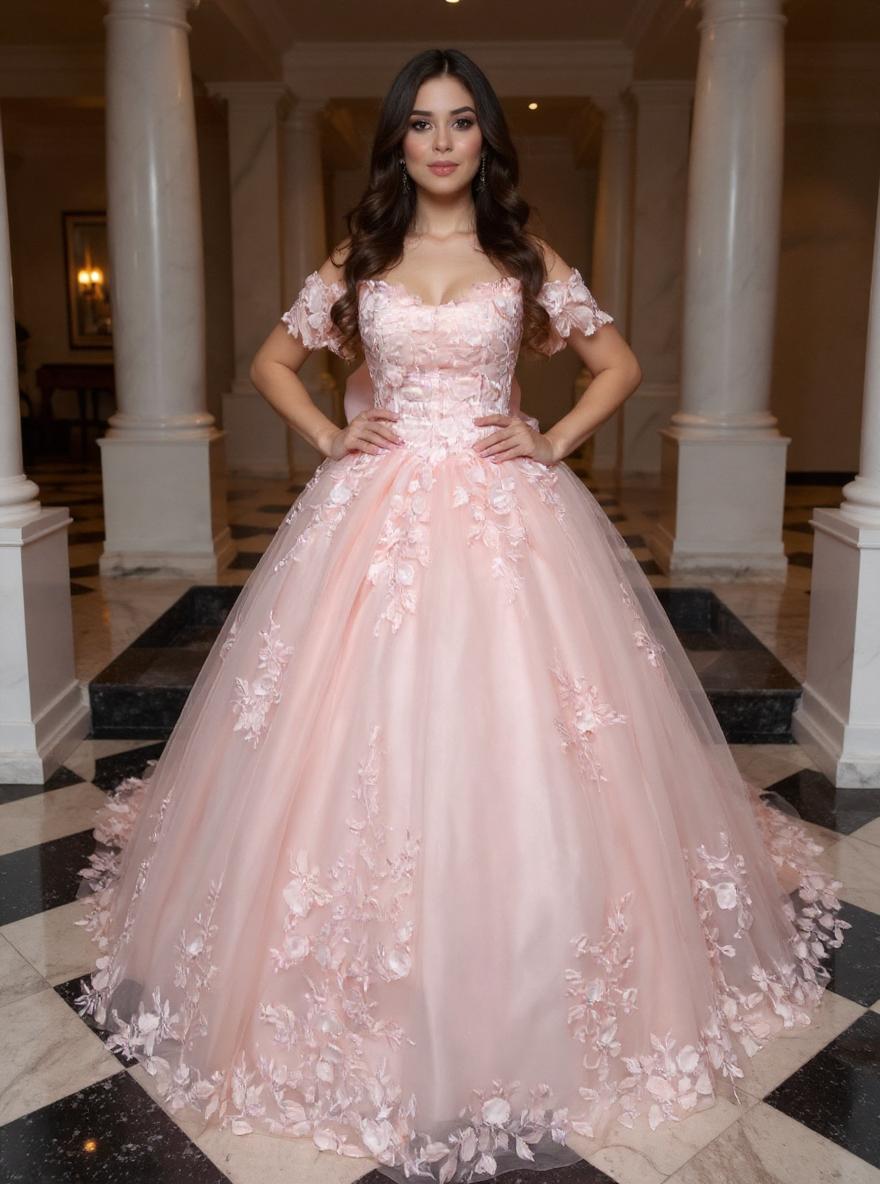 27DRESS Pink Off-the-Shoulder Ball Gown Evening Dresses with Bow and Applique