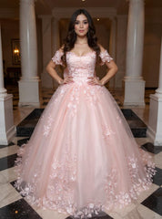 27DRESS Pink Off-the-Shoulder Ball Gown Evening Dresses with Bow and Applique