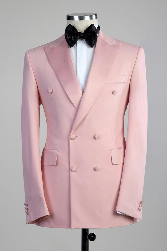 Peaked Lapel Double Breasted Close Fitting Pink Prom Suits