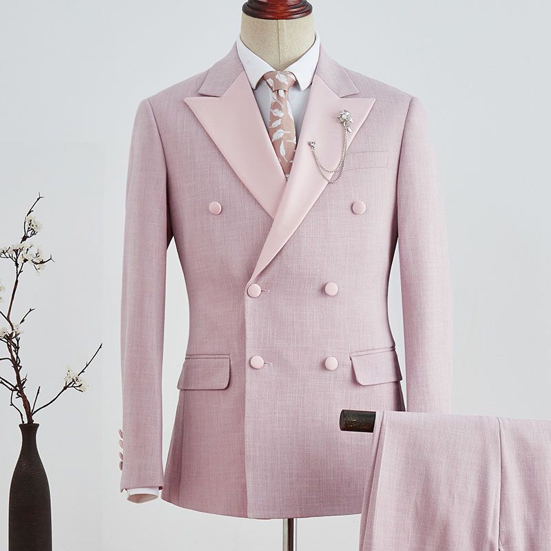 Pink Plaid Peaked Lapel Double Breasted Prom Suit