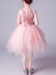 Pink Short A-Line Tulle Jewel Neck Pageant Flower Girl Dresses-27dress