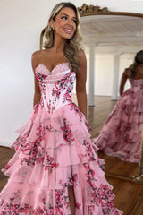 Pink floral prom dress - corset lace-up back detail