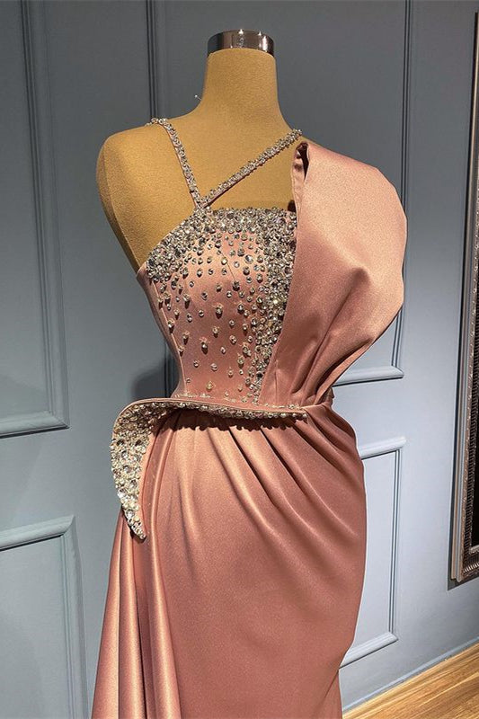 Pink Sleeveless Mermaid Spaghetti Strap Ruffles Prom Dress With Beadings