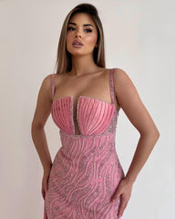 Pink Spaghetti Strap Sequins Beaded Sleeveless Mermaid Prom Dress With Ruffles