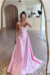 Pink Spaghetti Strap Sleeveless A Line Long Prom Dress With Beading