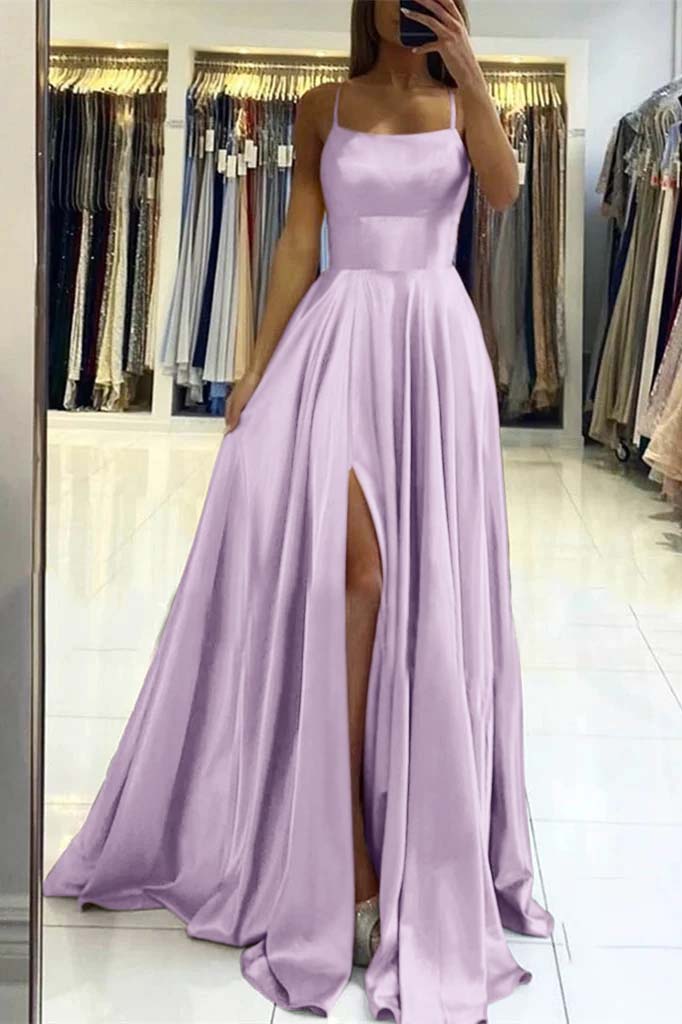 Pink Spaghetti Strap Sleeveless Backless Long Prom Dress With Front Split