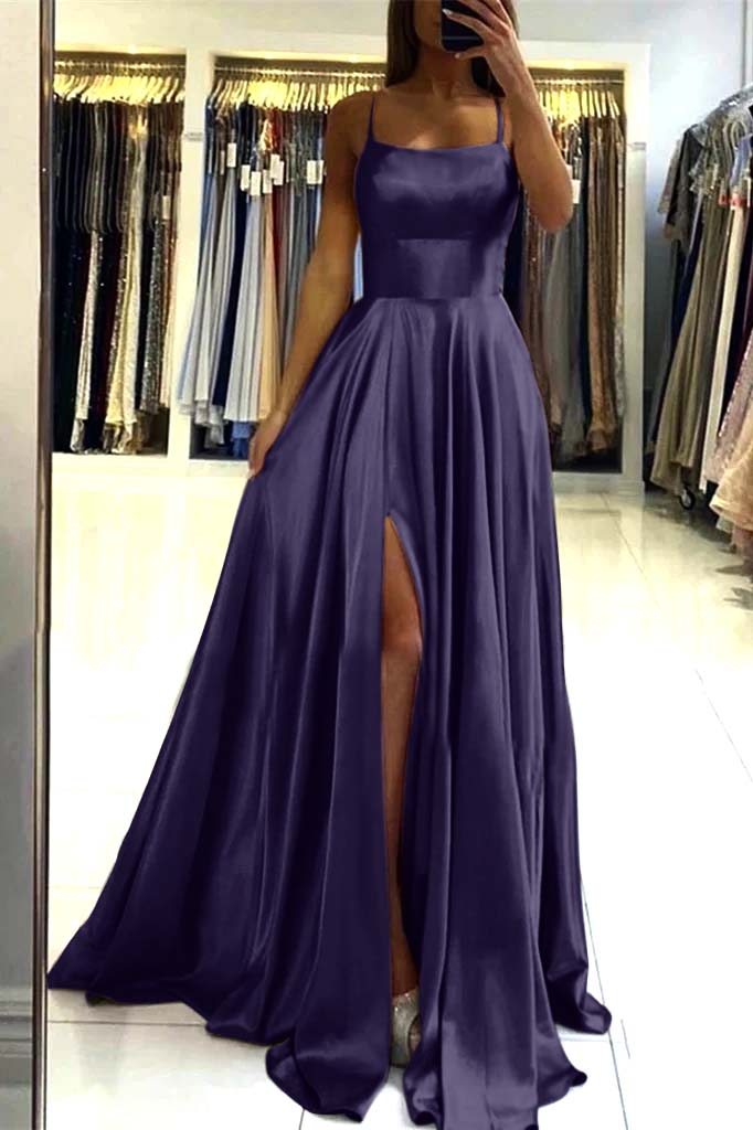 Pink Spaghetti Strap Sleeveless Backless Long Prom Dress With Front Split