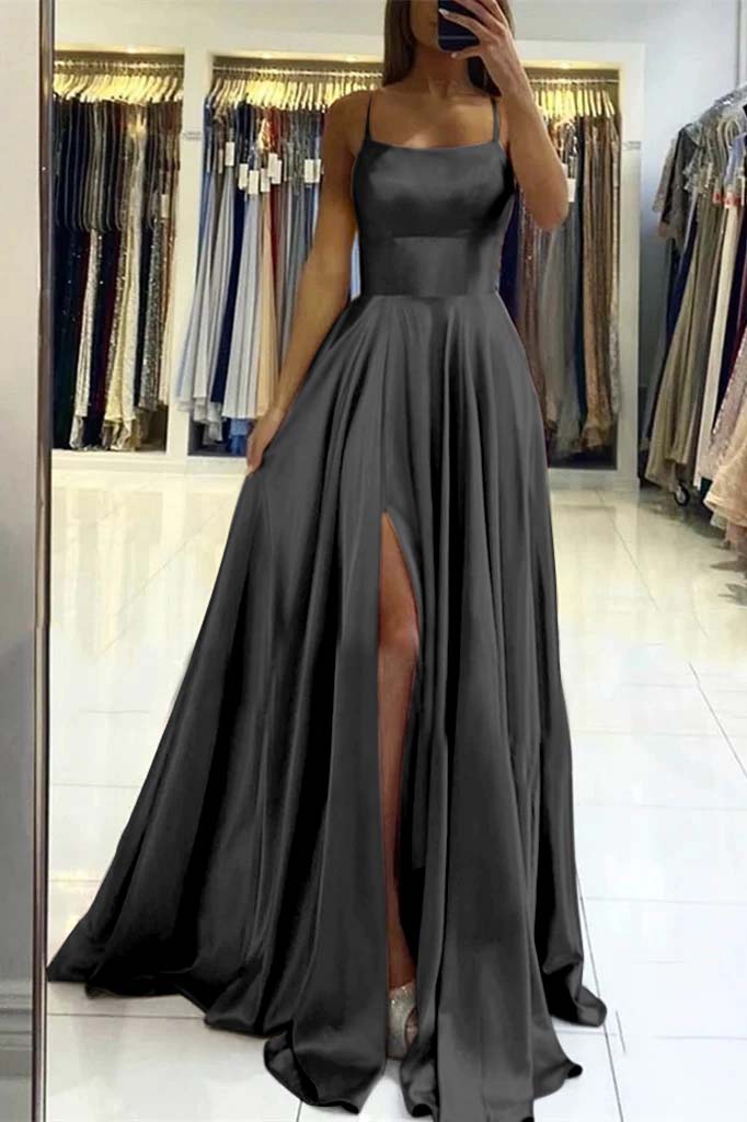Pink Spaghetti Strap Sleeveless Backless Long Prom Dress With Front Split