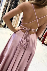 Pink Spaghetti Strap Sleeveless Backless Long Prom Dress With Front Split