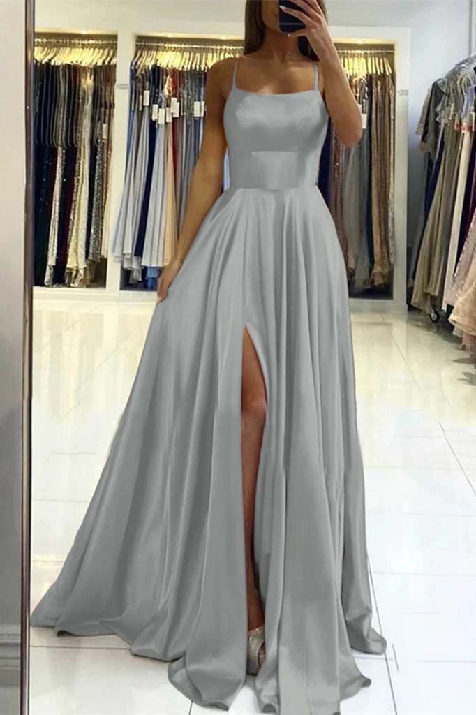 Pink Spaghetti Strap Sleeveless Backless Long Prom Dress With Front Split