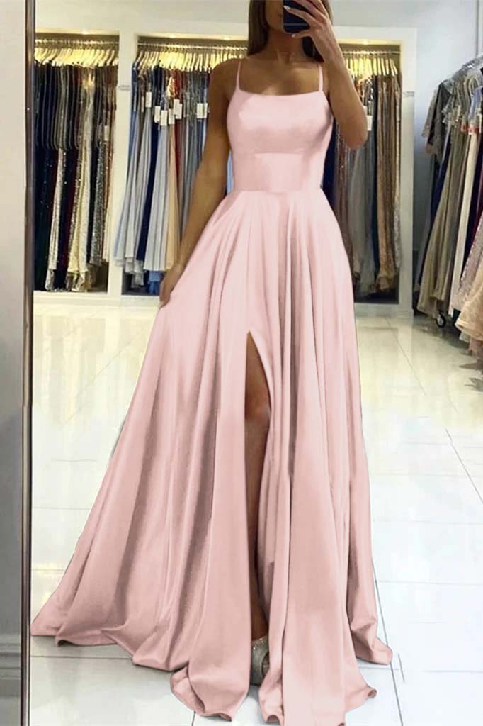 Pink Spaghetti Strap Sleeveless Backless Long Prom Dress With Front Split