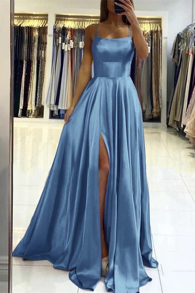 Pink Spaghetti Strap Sleeveless Backless Long Prom Dress With Front Split