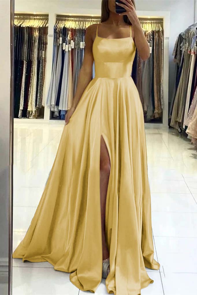 Pink Spaghetti Strap Sleeveless Backless Long Prom Dress With Front Split