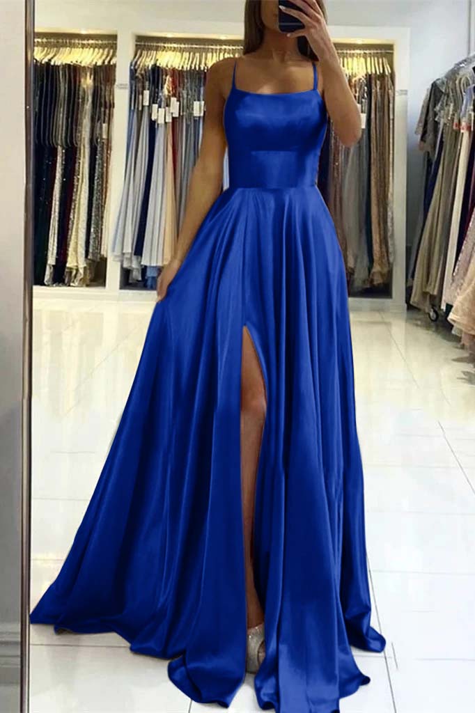 Pink Spaghetti Strap Sleeveless Backless Long Prom Dress With Front Split