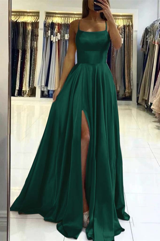 Pink Spaghetti Strap Sleeveless Backless Long Prom Dress With Front Split