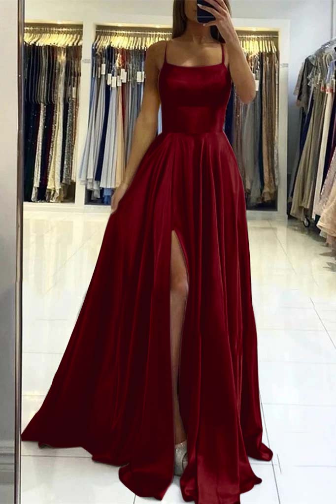 Pink Spaghetti Strap Sleeveless Backless Long Prom Dress With Front Split