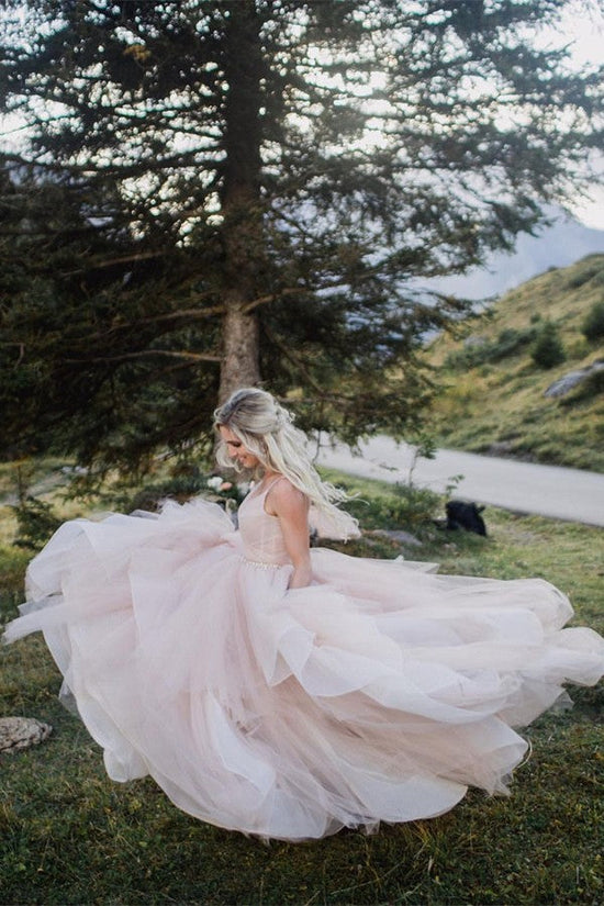 Pink Spaghetti-Straps Wedding Dress Tulle Backless Long-27dress