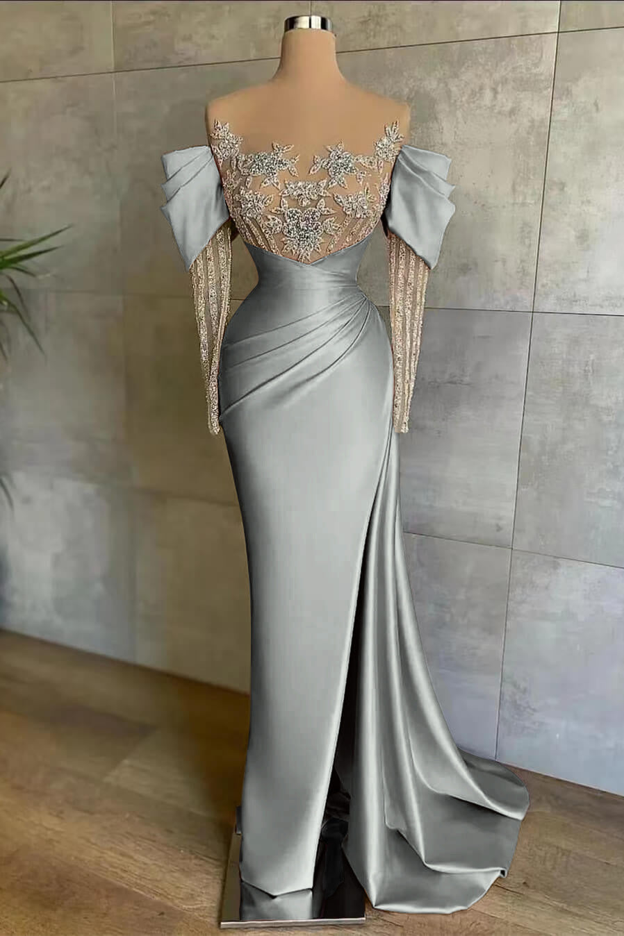 Pink Split Mermaid Long Sleeves Prom Dress Beadings With Appliques Off the Shoulder