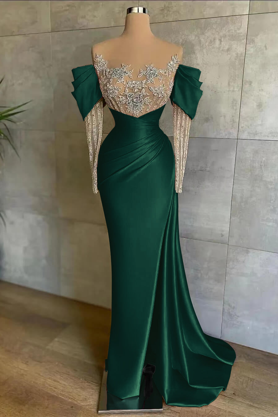 Pink Split Mermaid Long Sleeves Prom Dress Beadings With Appliques Off the Shoulder