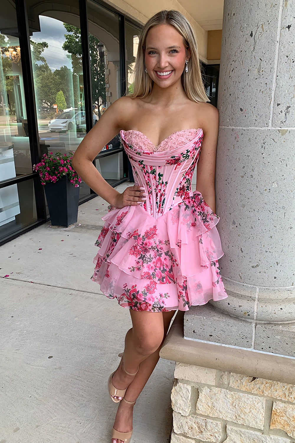 27Dress Pink Strapless Corset Short Floral Homecoming Dresses