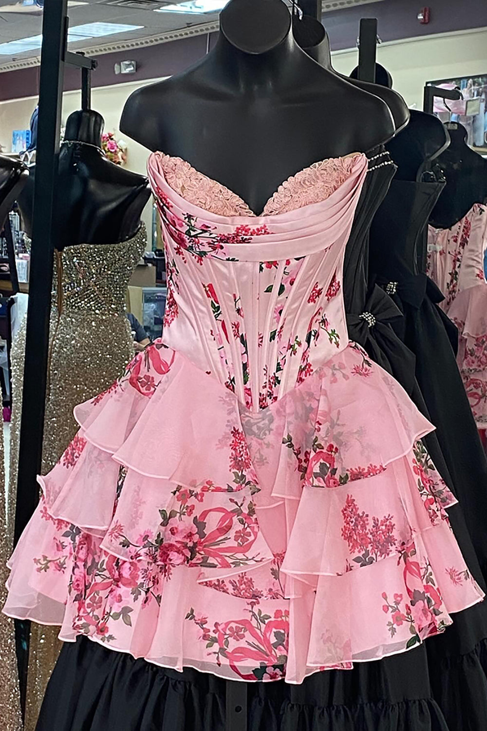 Pink Floral Corset Mini Dress - Homecoming Party Dress - 27dress Pink Floral Corset Mini Dress - Homecoming Party Dress - 27dress