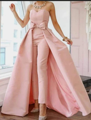Pink Strapless Evening Dress with Sexy Back and Detachable Bow