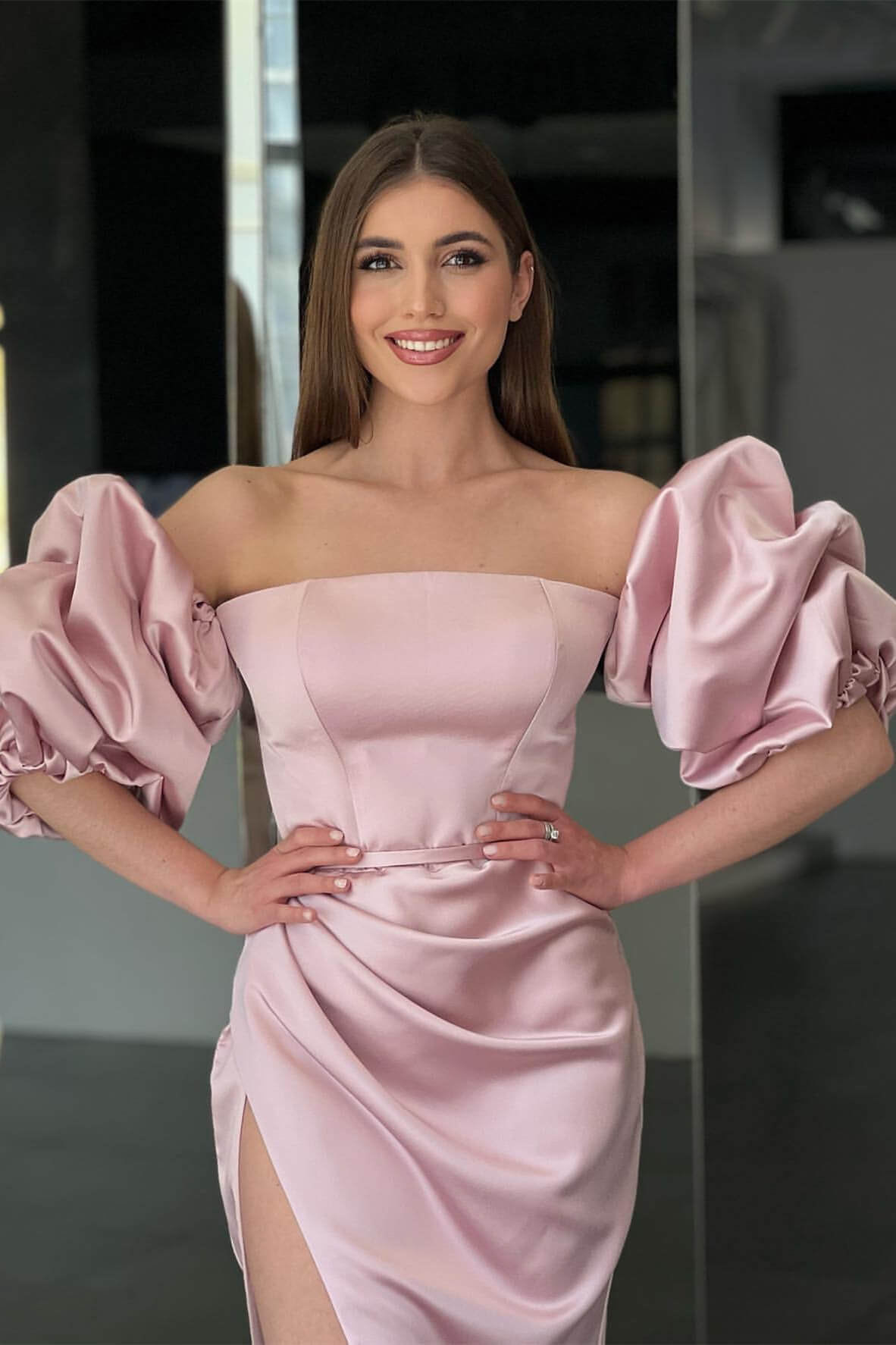 Pink Strapless Long Mermaid Prom Dress Side Split With Detachable Sleeves