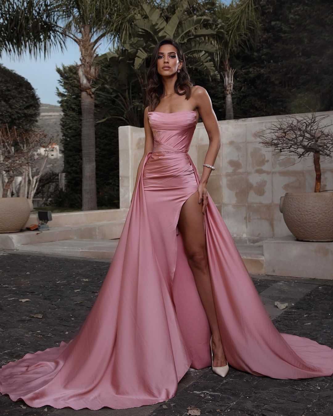 Pink Strapless Split Sleeveless Pleated Prom Dress With Detachable Skirt