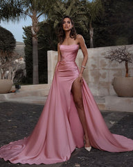 Pink Strapless Split Sleeveless Pleated Prom Dress With Detachable Skirt