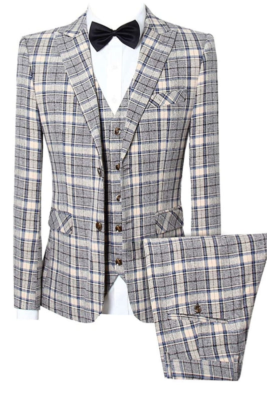 Plaid Peaked Lapel Three Pieces Slim Fit Prom Suits