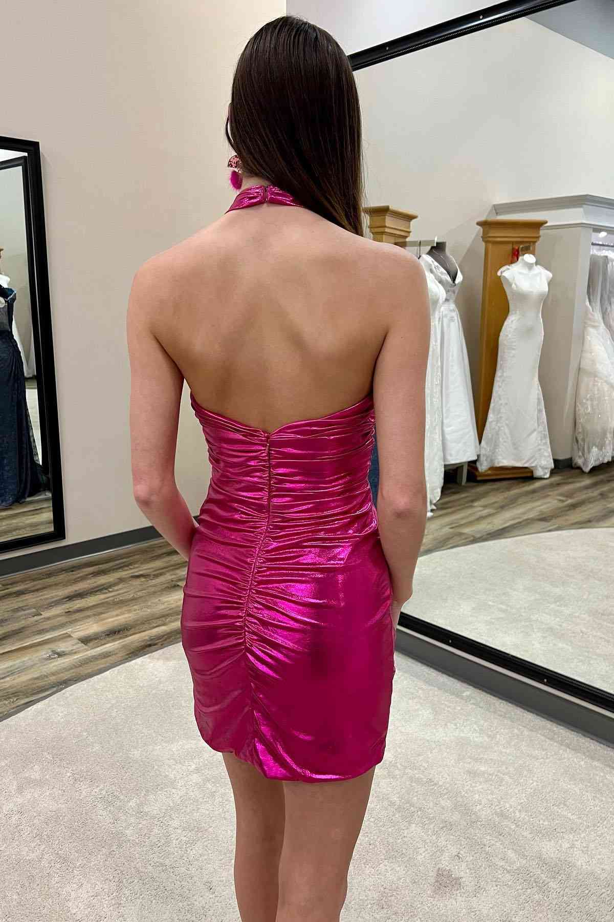 Pleated Halter Dusty Rose Mini Homecoming Dress