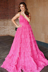 Pleated Magenta Straps Ruffle Layered Formal Dress