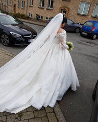 Plus Size A-Line Long Sleeves Lace Applique Wedding Dress with Cathedral Train-27dress