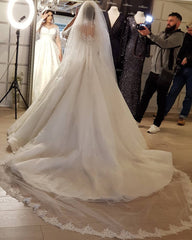 Plus Size A-Line Long Sleeves Lace Applique Wedding Dress with Cathedral Train-27dress