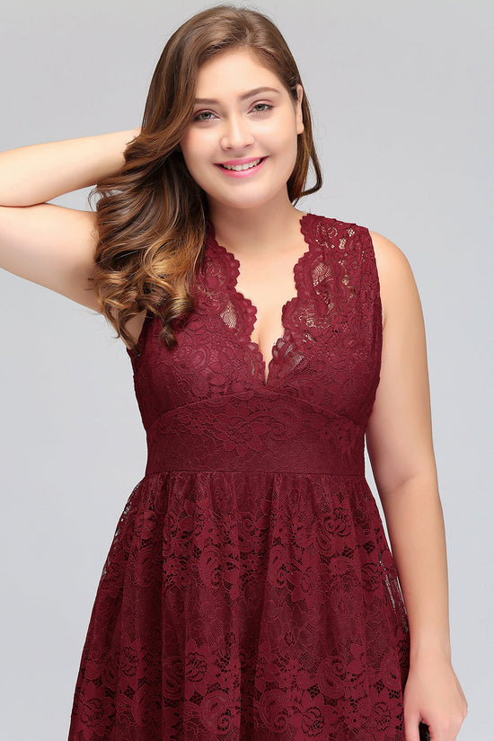 Load image into Gallery viewer, Plus Size A-Line V-Neck Burgundy Lace Bridesmaid Dress Online-27dress

