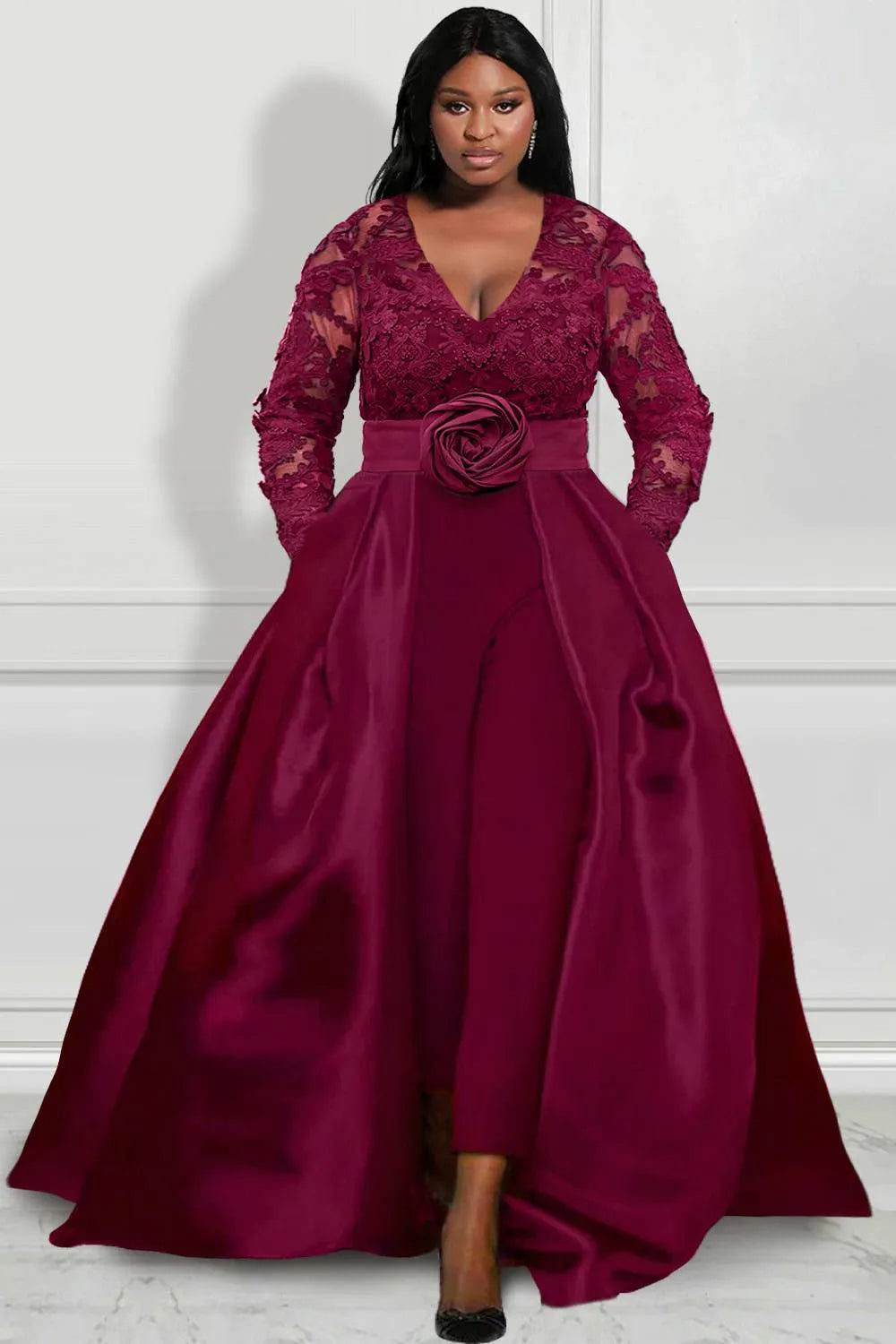 Plus Size Burgundy V-Neck Lace Jumpsuits for Women-27dress