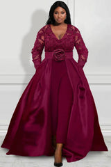 Plus Size Burgundy V-Neck Lace Jumpsuits for Women-27dress