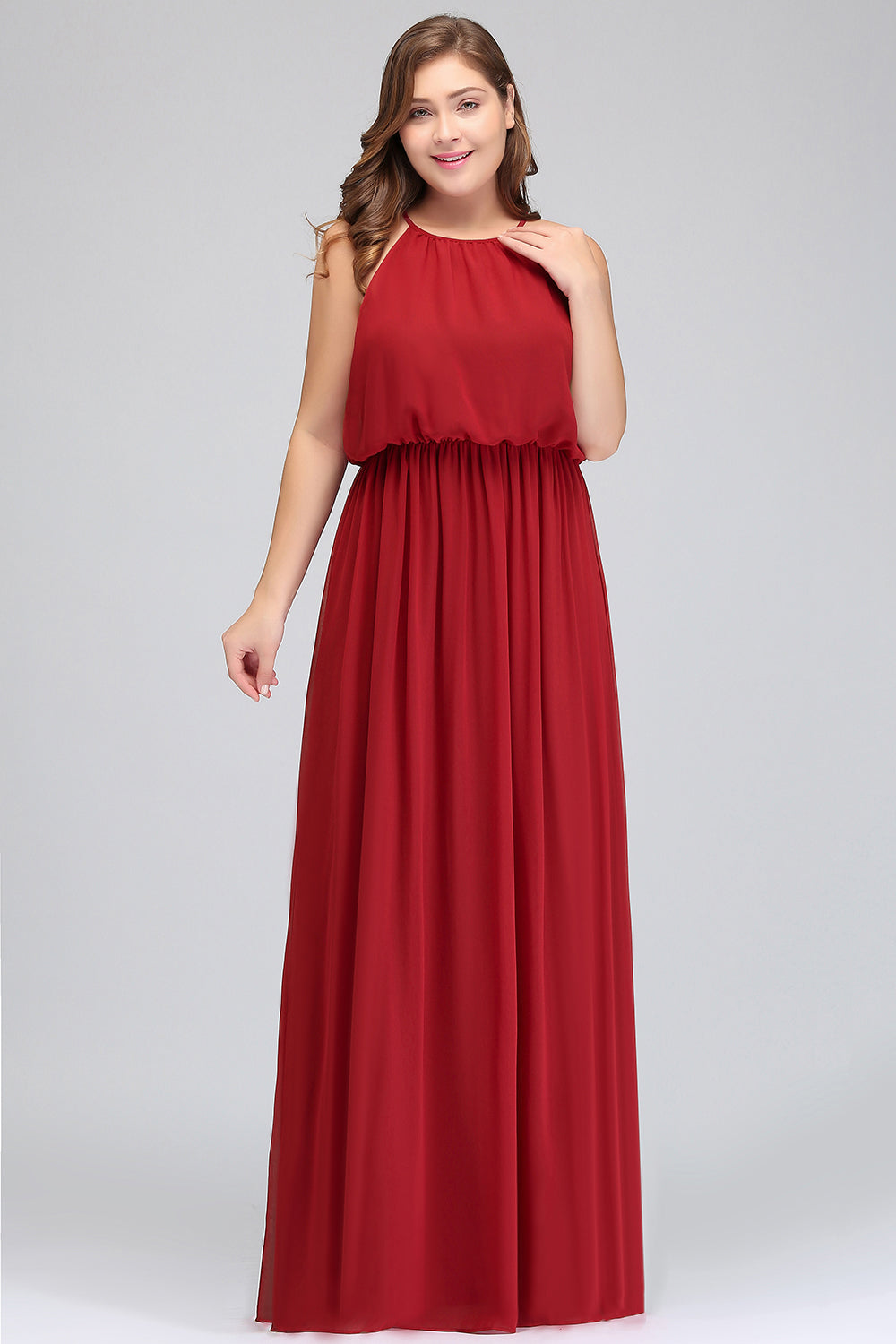 Plus Size Elegant Halter Red Chiffon Long Bridesmaid Dresses with Ruffle-27dress