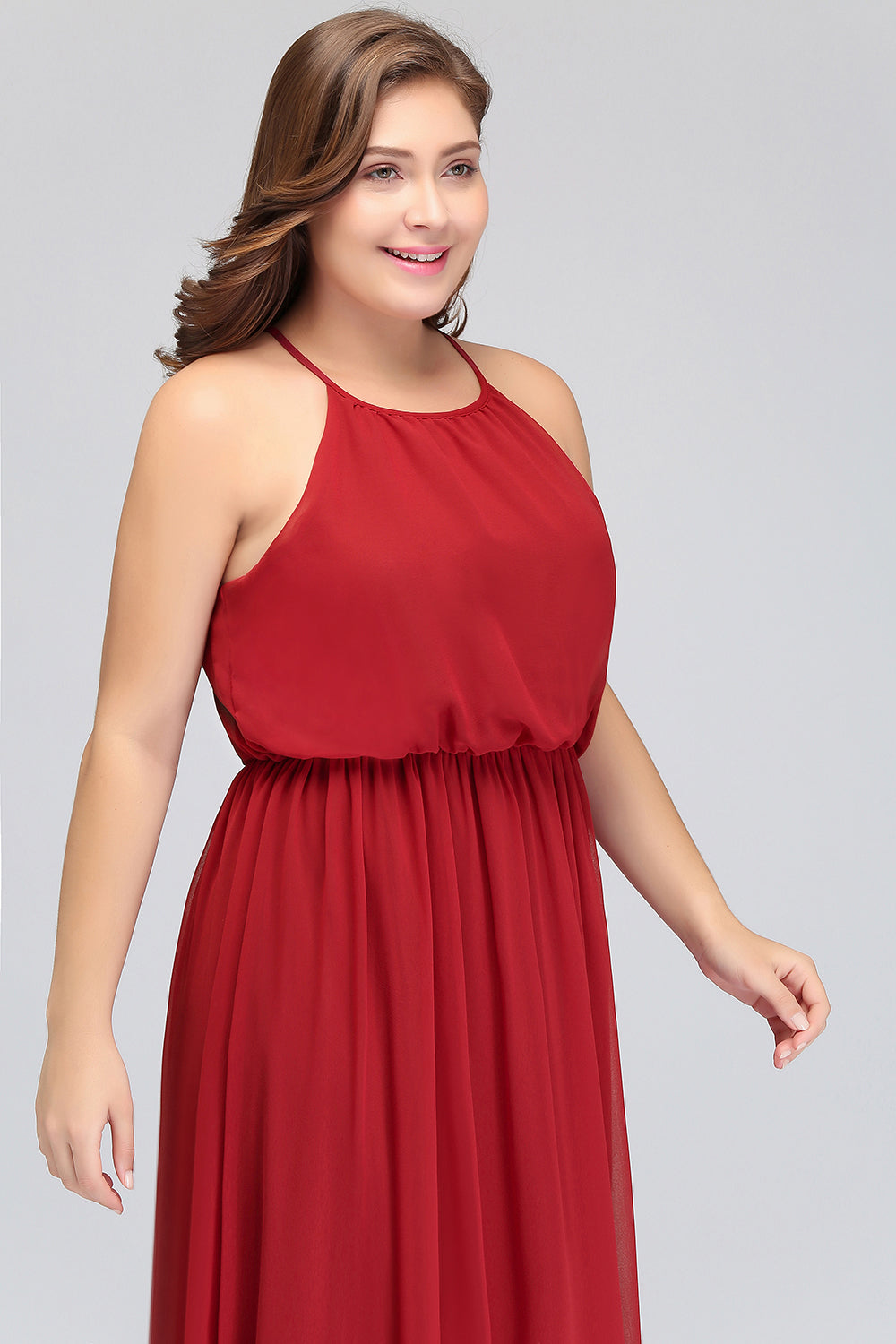 Plus Size Elegant Halter Red Chiffon Long Bridesmaid Dresses with Ruffle-27dress