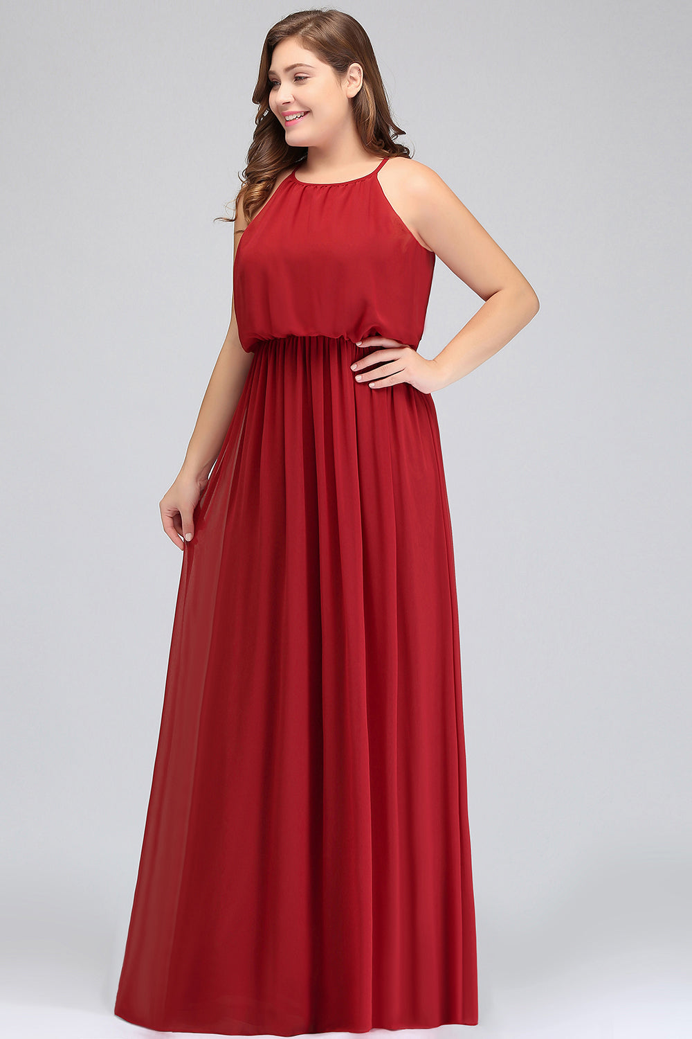 Plus Size Elegant Halter Red Chiffon Long Bridesmaid Dresses with Ruffle-27dress