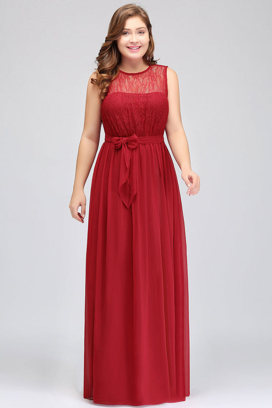 Plus Size Jewel Sleeveless Red Lace Long Bridesmaid Dress with Ruffle-27dress