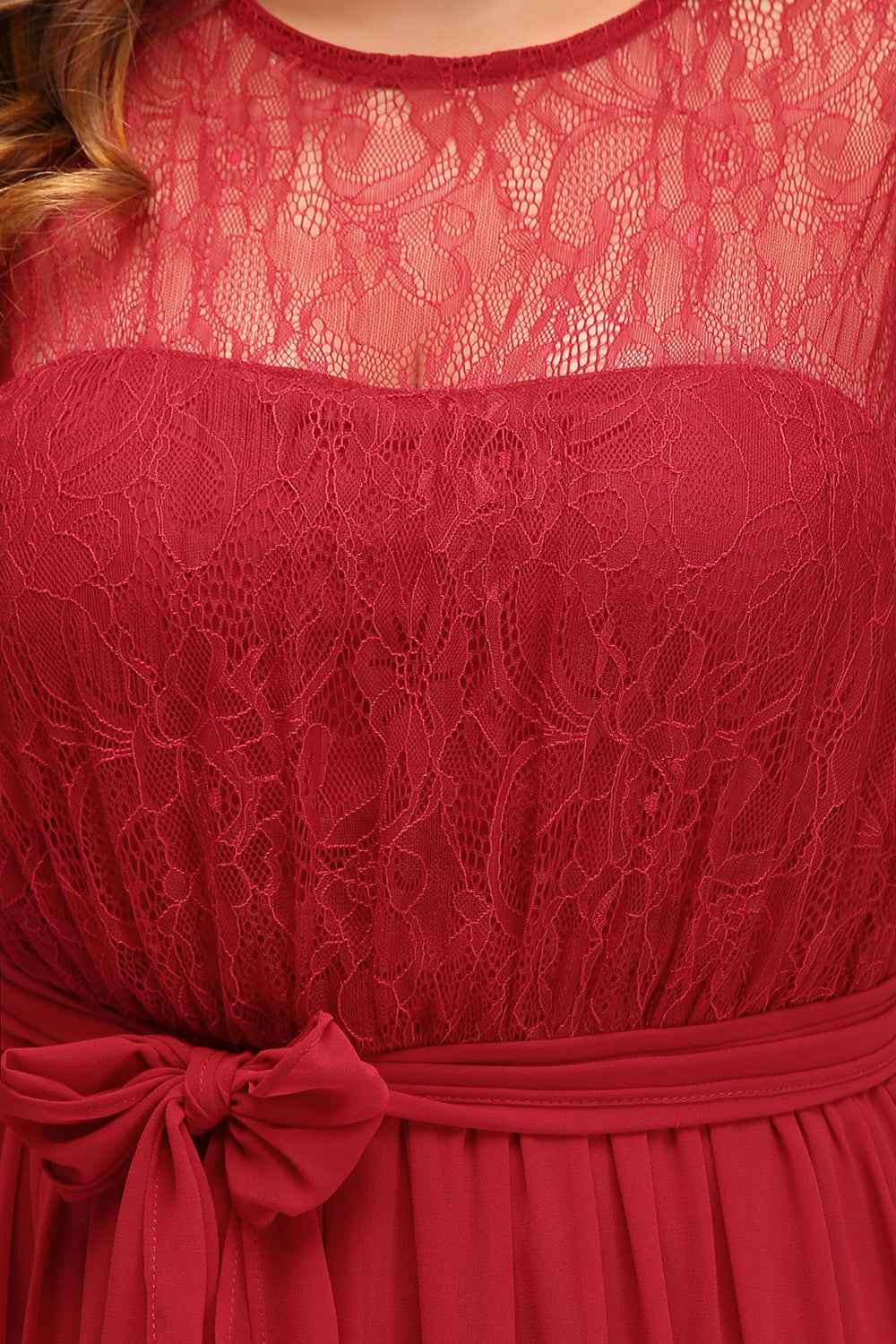 Plus Size Jewel Sleeveless Red Lace Long Bridesmaid Dress with Ruffle-27dress